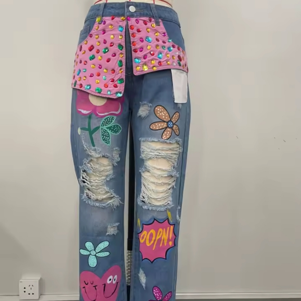 Women Spring Floral Embroidery Diamonds BeadedHoles Denim Pants High Waist Loos - Picture 2 of 4